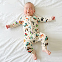 Big Wheels Truck Race Journey on Apricot Bamboo Zipper Romper Pajamas
