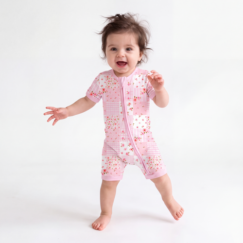 Valentine Floral Quilt Baby Bamboo Short Zipper Romper Pajamas