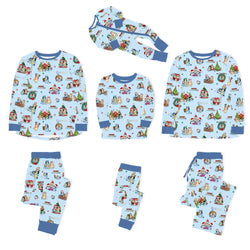 Christmas Dog Friends and Trees Gifts on Sky Blue Bamboo Family Matching Pajamas