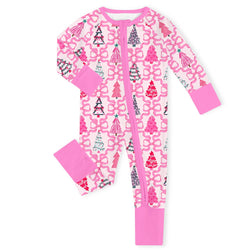 Christmas Coquette Bow Trees Bamboo Zipper Romper Pajamas