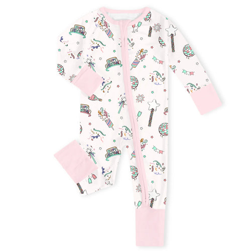 New Year Disco Party Pink Bamboo Zipper Romper Pajamas