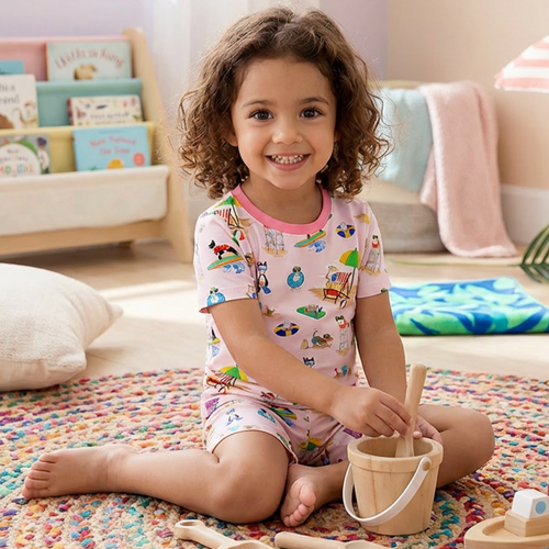 Seaside Surf Pup on Sunny Beach Pink Kids Bamboo Two-Piece Pajama Short Sleeve Set