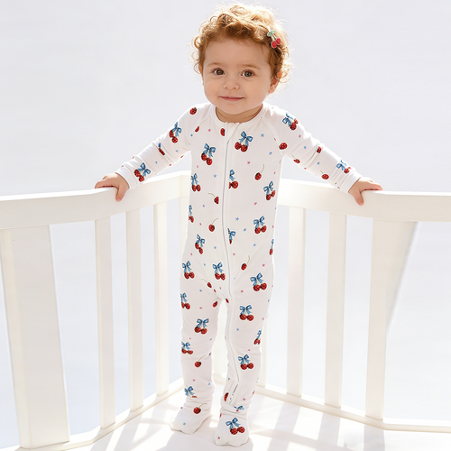 4th of July Cherry Bow Twinkling Stars Bamboo Zipper Romper Pajamas