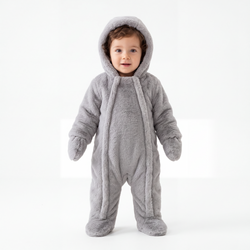 Matte Light Gray Baby Bear Fleece Hooded Romper