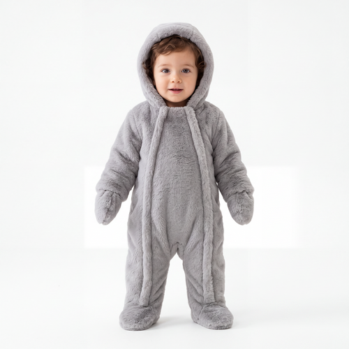 Matte Light Gray Baby Bear Fleece Hooded Romper