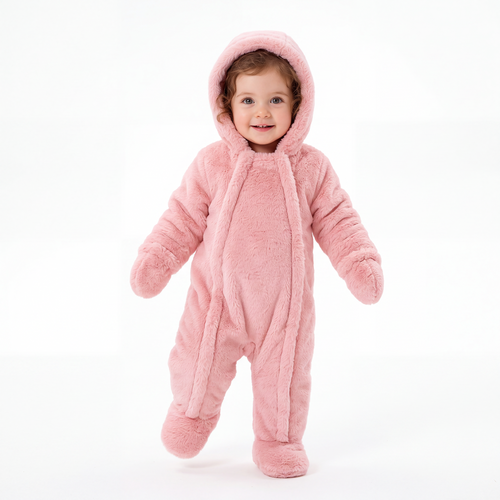 Dusty Rose Baby Bear Fleece Hooded Romper