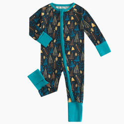 Christmas Tree Baby Bamboo Blue Zipper Romper