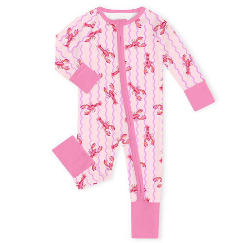 Pink Coastal Lobster Rose Pink Bamboo Zipper Romper Pajamas