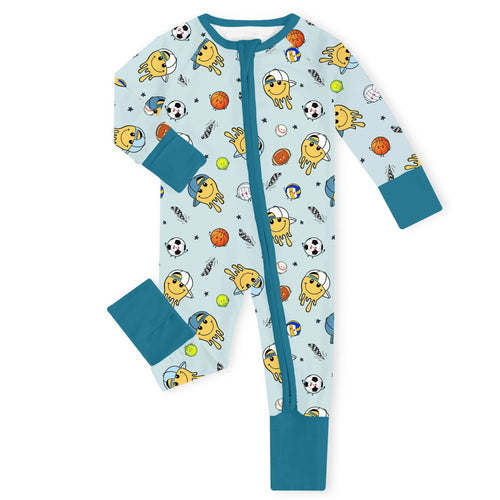 All-Star Smileys Teal Bamboo Zipper Romper Pajamas