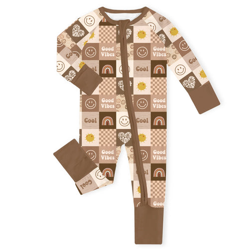 Retro Good Vibes Checkerboard Mocha Bamboo Zipper Romper Pajamas