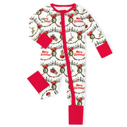 Christmas Green Face Cheer Baby Bamboo Zipper Romper Pajamas