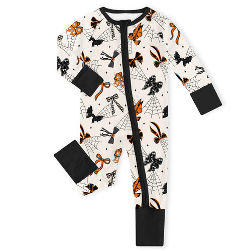 Halloween Spider Web Bow Bamboo Zipper Romper Pajamas