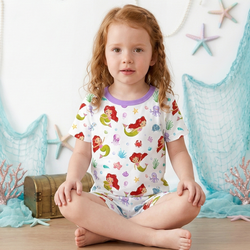 Little Mermaid Ocean Dreams and Sea Friends Purple Kids Bamboo Two-Piece Pajama Short Sleeve Set