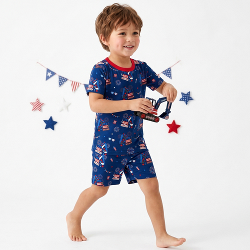 4th of July Red White Fireworks and Truck Kids Bamboo Two-Piece Pajama Short Sleeve Set
