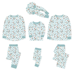 Christmas Big Face Snowman Green Checkered Bamboo Family Matching Pajamas