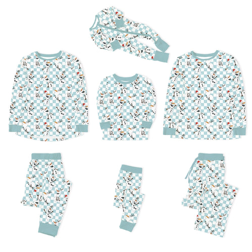 Christmas Big Face Snowman Green Checkered Bamboo Family Matching Pajamas