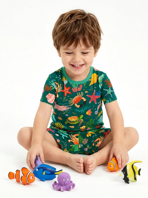 Ocean Crab and Coral Reef Green Kids Bamboo Two-Piece Pajama Short Sleeve Set