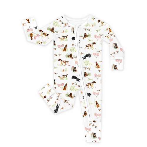 Hunting Puppy Dog and Game Bird Bamboo Zipper Romper Pajamas