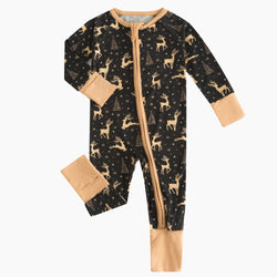 Christmas Tree Deer Baby Bamboo Gold Zipper Romper