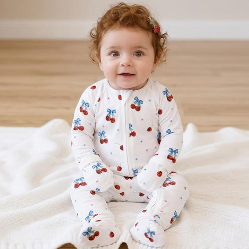 4th of July Cherry Bow Twinkling Stars Bamboo Zipper Romper Pajamas