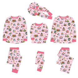 Christmas Dog Friends and Trees Gifts on Pink Bamboo Family Matching Pajamas
