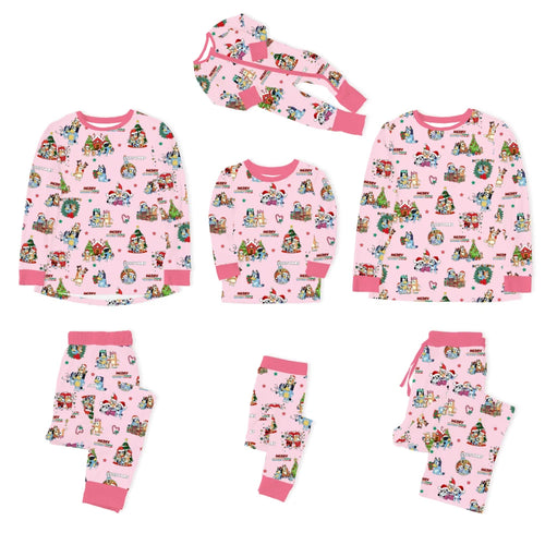 Christmas Dog Friends and Trees Gifts on Pink Bamboo Family Matching Pajamas