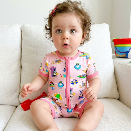 Seaside Surf Pup on Sunny Beach Pink Short Bamboo Zippy Baby Romper