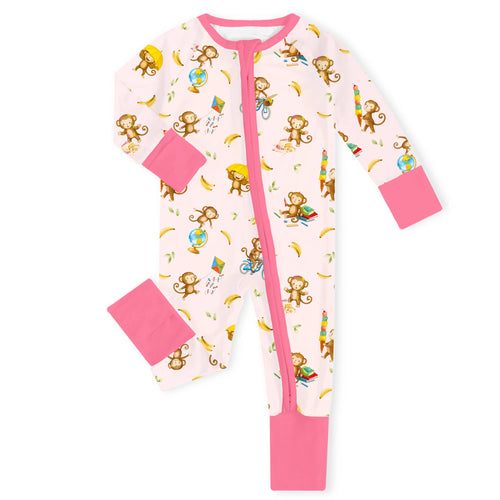Curious Monkey Playtime Pink Bamboo Zipper Romper Pajamas