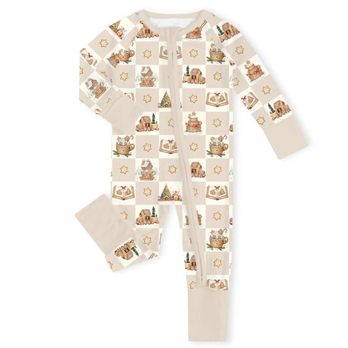 Christmas Gingerbread Village Beige Bamboo Zipper Romper Pajamas