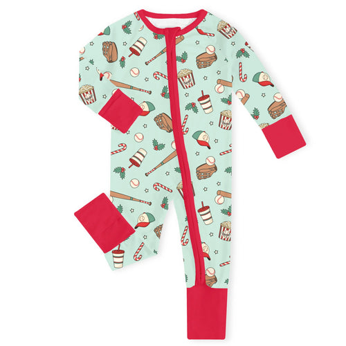 Christmas Baseball Holiday Red Bamboo Zipper Romper Pajamas