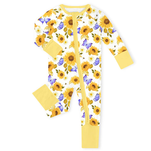 Sunflower Bloom Yellow Bamboo Zipper Romper Pajamas