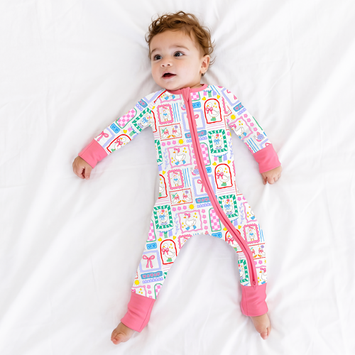 Sweet Duck Patchwork Pink Bow Bamboo Zipper Romper Pajamas