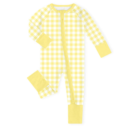 Classic Sunshine Gingham Yellow Bamboo Zipper Romper Pajamas