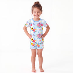 Gingham Garden Bouquet Kids Bamboo Two-Piece Pajama Short Sleeve Set