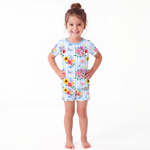Gingham Garden Bouquet Kids Bamboo Two-Piece Pajama Short Sleeve Set