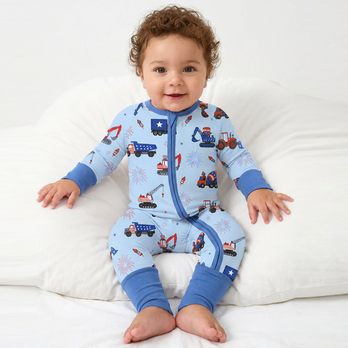 4th of July Stars Truck and Fireworks Blue Bamboo Zipper Romper Pajamas