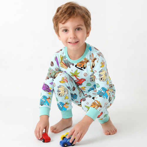 Vintage Cars Road Trip Mint Green Kids Two-Piece Pajama Set
