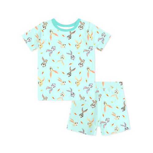 Easter Hoppy Bunny Carrot Parade Green Kids Bamboo Short Two-Piece Pajama Set