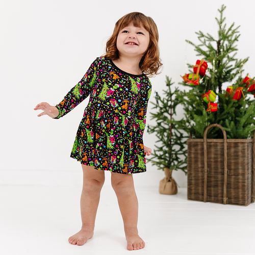 Christmas Tree Green Face Gift Long Sleeve Twirl Dress With Bodysuit