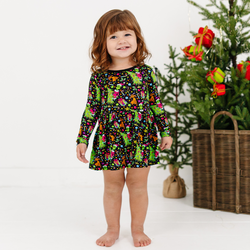 Christmas Tree Green Face Gift Long Sleeve Twirl Dress With Bodysuit