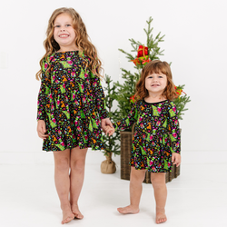 Christmas Tree Green Face Gift Long Sleeve Twirl Dress With Bodysuit