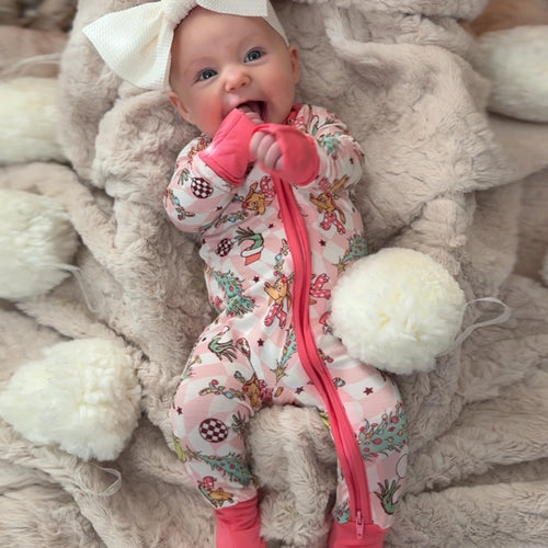 Christmas Green Cartoon Figure Baby Pink Bamboo Zipper Romper Pink