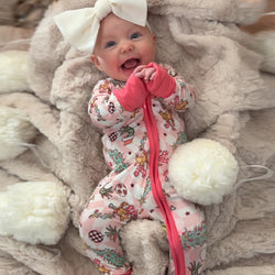 Christmas Green Cartoon Figure Baby Pink Bamboo Zipper Romper Pink