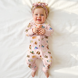 Mother's Day Sweet Farm Friends and Hearts Bows Bamboo Zipper Romper Pajamas