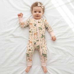 Woodland Forest Deer Meadow Dreams Cream Bamboo Zipper Romper Pajamas