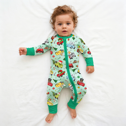 Christmas Little Cars Wheels and Candy Cane Cruise Bamboo Zipper Romper Pajamas