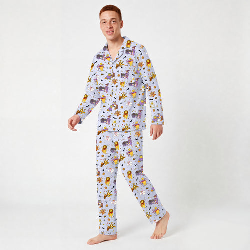 Halloween Bear Pumpkin Bat Print Bamboo Men's Pajamas Set