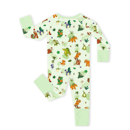 Prehistoric Dino Pals Jungle Playtime Sage Green Bamboo Zipper Romper Pajamas