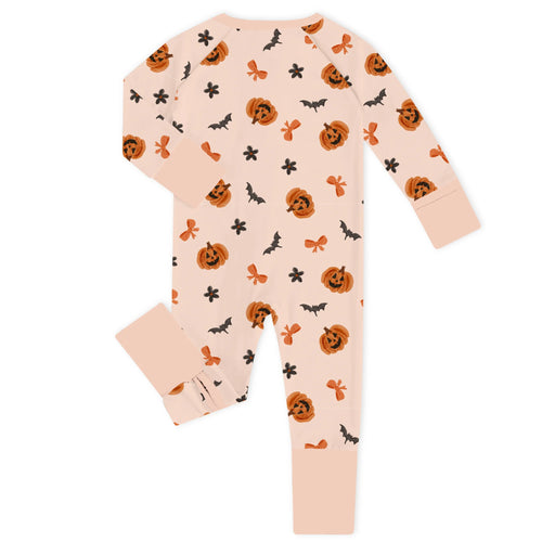 Halloween Pumpkin Bat Bow Bamboo Zipper Romper Pajamas