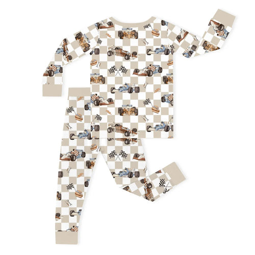 Khaki Checkered Race Truck and Flags Kids Bamboo Two-Piece Pajama Set